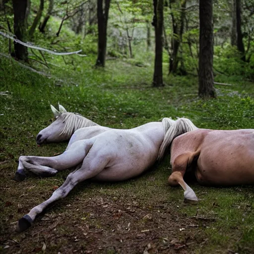 Image similar to two dead horses with some arrows on their body, lying on the woods path, dense thickets on each side, photo, 8 k