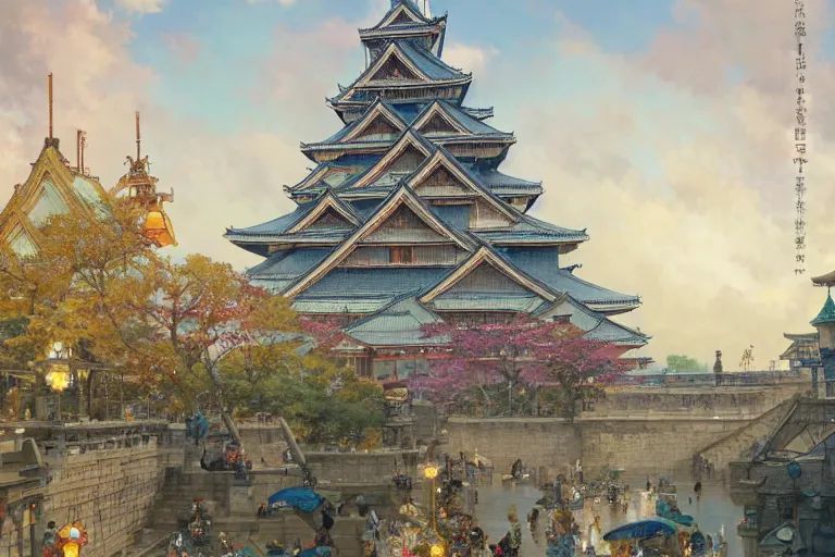 Image similar to a beautiful realistic painting of osaka castle festival, intricate, elegant, highly detailed, digital painting, artstation, concept art, by krenz cushart and artem demura and alphonse mucha