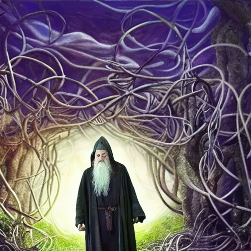 Image similar to the evil ian mckellen as gandalf in a dark viking hood playing odin all father crafting the plant of life with vines, the ethereal colourful universe in the background, highly detailed, cinematic shot, cinematic lighting, 8 k, exquisit facial detail, magical realism painting, chiaroscuro, dark painting.