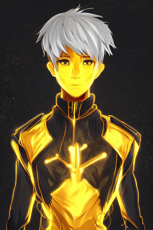 Image similar to golden glowing black male anime character, blonde hair, yellow eyes, symmetrical, highly detailed, digital art, sharp focus, trending on art station, crazy hair, electricity everywhere