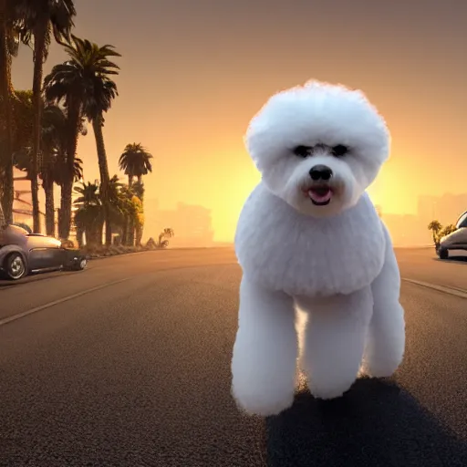 Image similar to a photorealistic image of bichon frise riding in the back on an Uber through Hollywood at sundown. This 4K HD image is Trending on Artstation, featured on Behance, well-rendered, extra crisp, features intricate detail and the style of Unreal Engine.