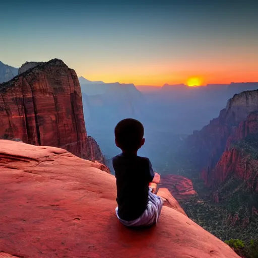 Prompt: award winning cinematic still of a young boy praying in zion national park, rock formations, colorful sunset, epic, cinematic lighting, dramatic angle, heartwarming drama directed by Steven Spielberg