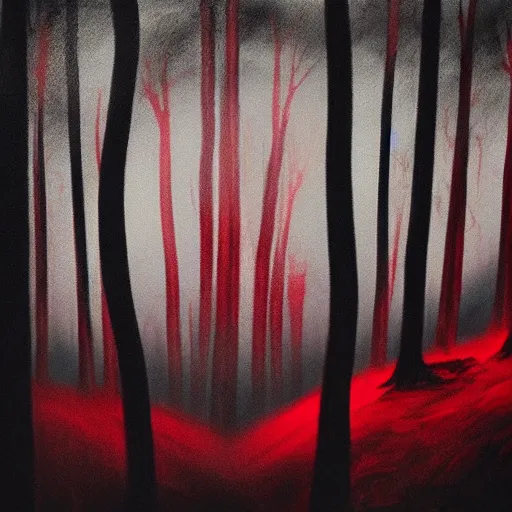 Image similar to a nightmarish creature in a dark forest with tall creepy trees, horrifying, black and red colours, wispy fog, ominous, accented paint strokes, detailed