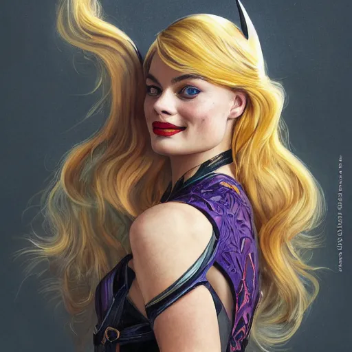 Image similar to margot Robbie as batgirl, uniquely beautiful, fantasy, intricate, elegant, highly detailed, lifelike, photorealistic, digital painting, artstation, concept art, smooth, sharp focus, illustration, art by John Collier and Albert Aublet and Krenz Cushart and Artem Demura and Alphonse Mucha,