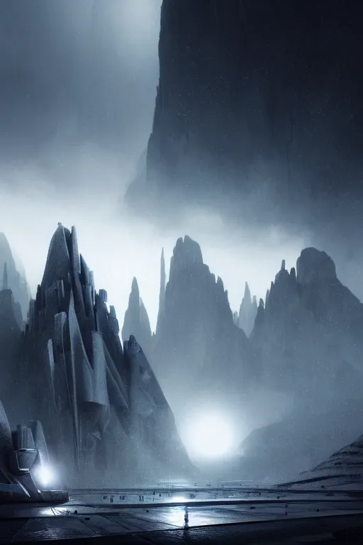 Image similar to futuristic atmosphere in the snowy mountains dolomites 3 d concept art, cinematic lighting, bladerunner scene, intricate details, building by zaha hadid, stormy weather, emissary space by arthur haas and bruce pennington and john schoenherr, cinematic matte painting, dark moody monochrome colors, trending on artstation, featured on behance