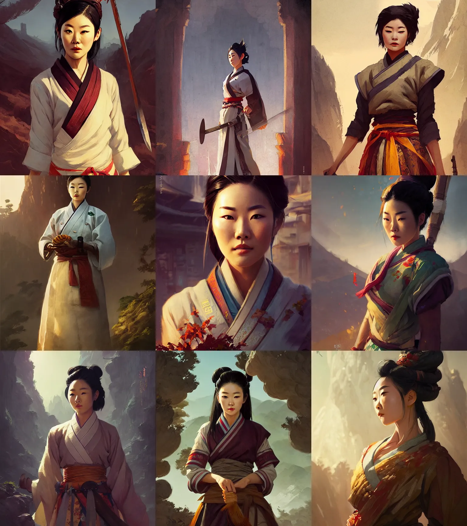 Prompt: a portrait of arden cho chef character in a scenic korean city environment by marco bucci and greg rutkowski and frank frazetta, sharp focus, detailed, cinematic, hanbok, thin korean sword