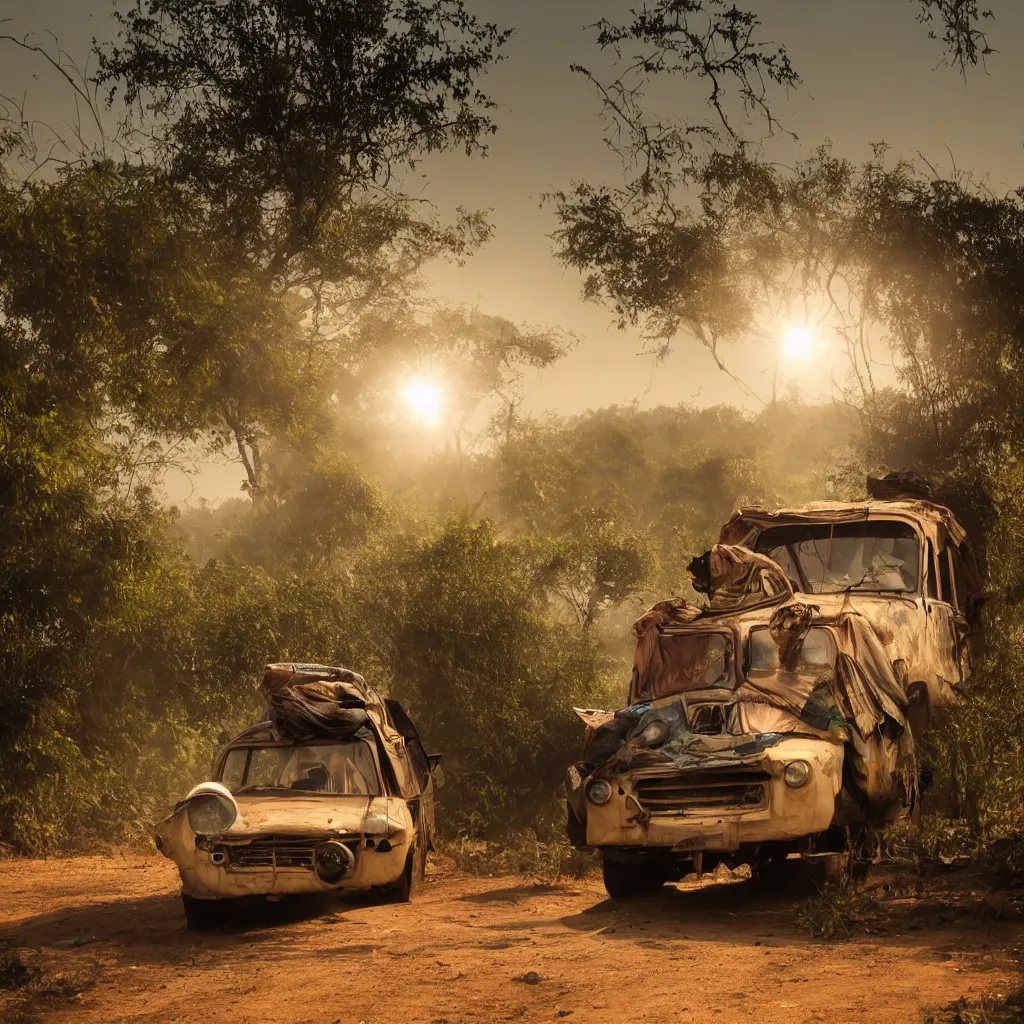 Image similar to bollywood car, on a dusty road, under a setting sun, with a dense jungle