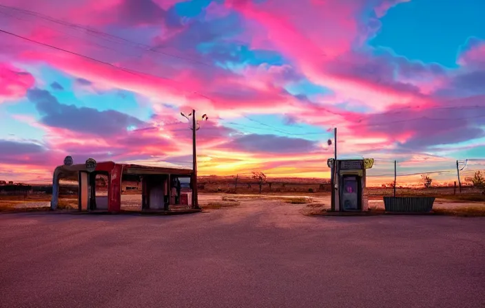 Image similar to a sunset light landscape with historical route 6 6, lots of sparkling details and sun ray ’ s, blinding backlight, smoke, volumetric lighting, colorful, octane, 3 5 mm, abandoned gas station, old rusty pickup - truck, beautiful epic colored reflections, very colorful heavenly, softlight