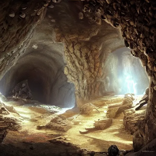 Prompt: beautiful matte painting of the inside of a cave with glowing crystals on the walls and bones on the floor, fantasy, sharp focus