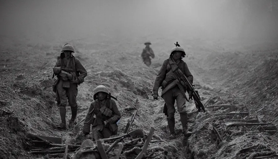 Image similar to ghosts of dead World War 1 soldiers patrolling abandoned WW1 trenches, dirty lens, cinematic lighting, IMAX cinematography, 35mm