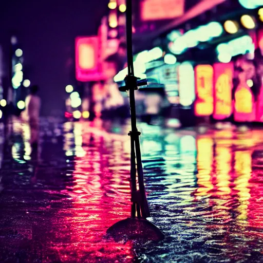 Prompt: a moody 2 0 0 mm shot of an umbrella in a rainy tokyo night, neon lights, photography