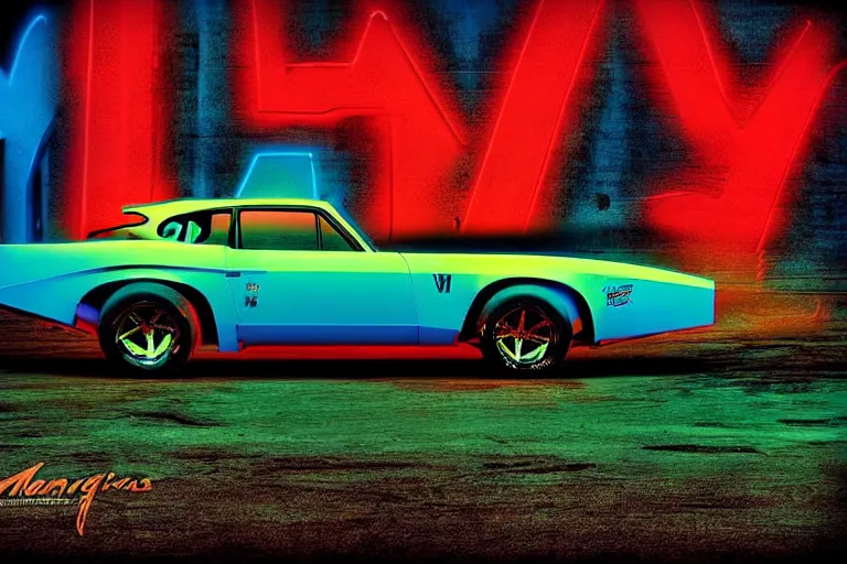 Image similar to memphis design group stylized poster of mad max's pursuit special, the last v 8 interceptor, thick neon lights, ektachrome photograph, volumetric lighting, f 8 aperture, cinematic eastman 5 3 8 4 film