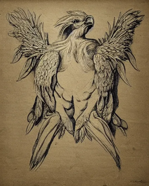 Image similar to half human half eagle creature with beak, drawn by da vinci