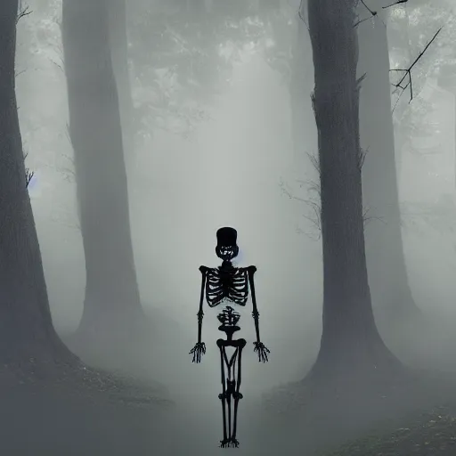 Image similar to a spooky skeleton, LSD, stylish, cool, low light, misty forest, mood lighting, cgsociety