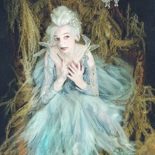 Prompt: A silver haired mad, narcissistic, ghost like fairy princess from the 18th century, dressed in a ragged, dirty, Queen Victoria's wedding dress, sits alone in her scarry underwater palace. mystical, atmospheric, greenish blue tones, underwater photography, concept art by Annie Stegg Gerard, Ian David Soar, John Anster Fitzgerald, and John Everett Millais
