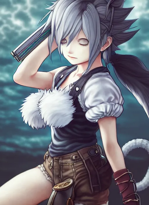 Image similar to a portrait of nekomimi wearing white vest, and shorts an ultrafine detailed painting, detailed painting, detailed eyes!!, final fantasy octopath traveler lovecraft cosmc horror