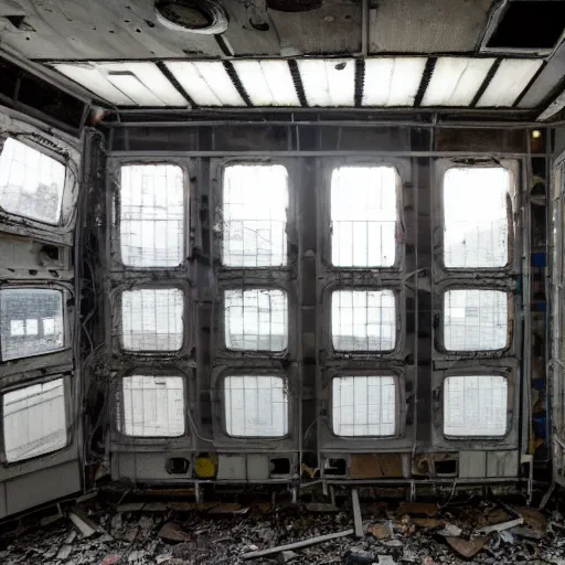 Image similar to the interior of an abandoned space station with windows into space