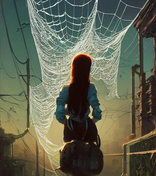 Image similar to highly detailed graffiti of spiderweb, stephen bliss, unreal engine, unreal engine art by greg rutkowski, loish, rhads, ferdinand knab, makoto shinkai and lois van baarle, ilya kuvshinov, rossdraws, tom bagshaw, reflective global illumination, god rays, detailed and intricate environment