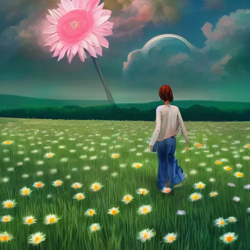 Image similar to giant daisy flower as a head, girl walking in flower field, surreal photography, night moon light, dramatic, impressionist painting, clouds, digital painting, artstation, simon stalenhag