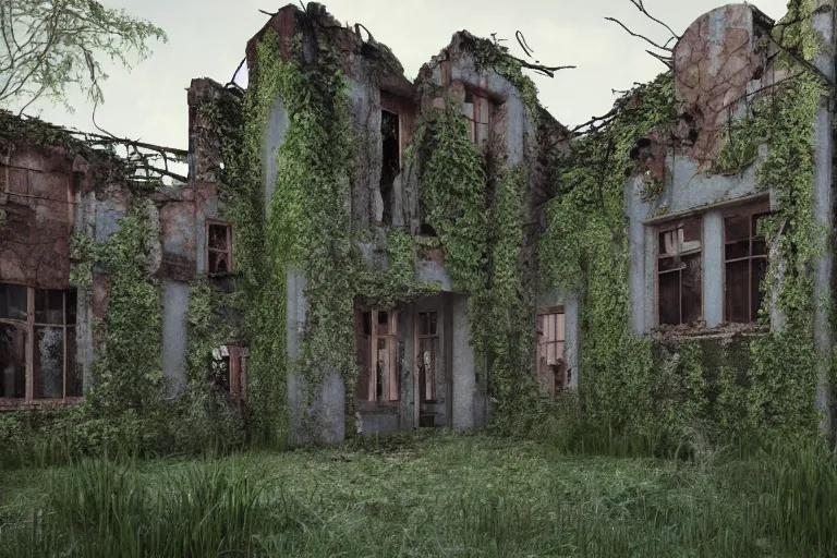 Prompt: ruined, abandoned polish mansion, seen from inside and overgrown by plants. A big neon sign on one of the walls with the text: Not a UE5 render. First light of day falls through the broken windows. Dirt, leaves on ground. Octane render. Substance painter. Zbrush. Trending on artstation. 8K. Highly detailed.