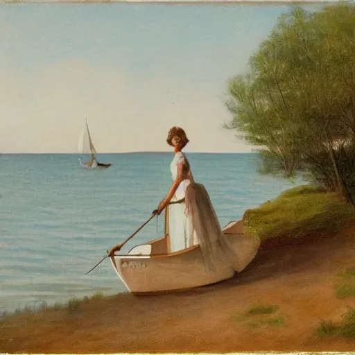 Prompt: a young woman wearing a white dress on a Swedish beach, a small rowboat is visible, in the style of zorn