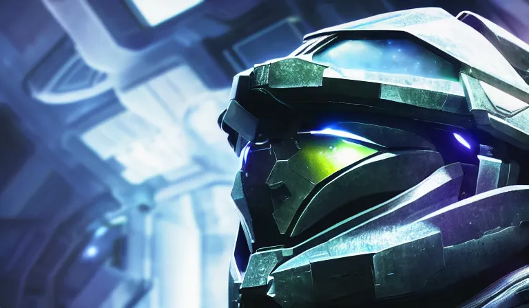 Image similar to cyberpunk halo helmet on space looking up, close shot, reflection, epic, dramatic, cinematic, award winning, ultra detailed, realistic, 8k,