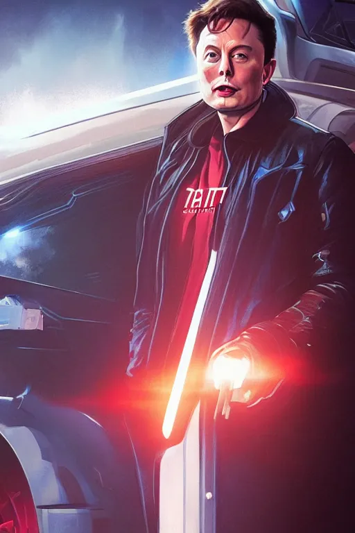 Image similar to elon musk as marty mcfly near cybertruck, realistic portrait, symmetrical, highly detailed, digital painting, artstation, concept art, smooth, sharp focus, illustration, cinematic lighting, art by artgerm and greg rutkowski and alphonse mucha