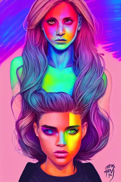 Image similar to a award winning half body portrait of a beautiful woman with stunning eyes in a printed croptop and cargo pants with rainbow colored ombre hairstyle head in motion and hair flying by josan gonzales, outrun, vaporware, shaded flat illustration, digital art, trending on artstation, highly detailed, fine detail, intricate