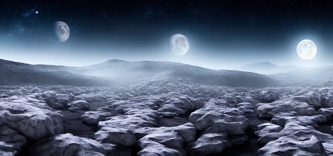 Image similar to uhd, filmic lighting, cinematic art shot, hyperrealistic, hyperdetailed, super detailed, 8 k, high resolution, moon landscape, white rocks made of bone, 8 k uhd matte painting, mega high white mountain, midnight