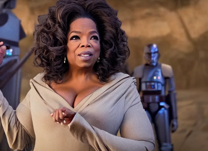 Image similar to oprah winfrey plays a jedi master in star wars rise of skywalker, 3 5 mm photography, highly detailed, cinematic lighting, standing pose, fully body shot, holding lightsaber 4 k