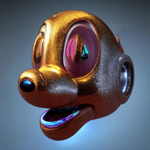 Image similar to mickey mouse head, fractal, broken, wet, mycelium, jupiterian, radiant alien, rococo, baroque, automotive, bio-mechanical, porcelain, iridescent sub surface scattering, octane render