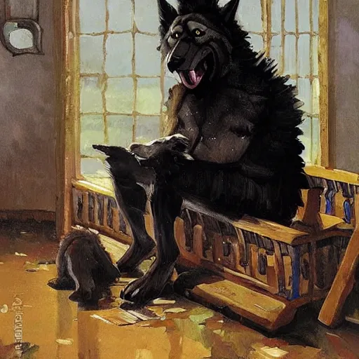 Image similar to a humanoid german shepherd beast - man, sitting and watching a soccer match in his house on television, he has hurt his knee and is a dad, by erin hanson, alexi zaitsev, karl spitzweg, award winning, tv set