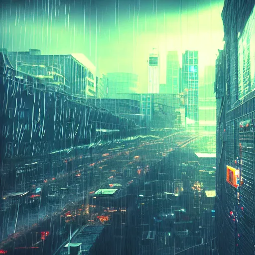 Image similar to 8 k artstation photograph rainy city cracked and crumbling into the ocean with scifi cyberpunk aesthetic hyper realistic aerial view