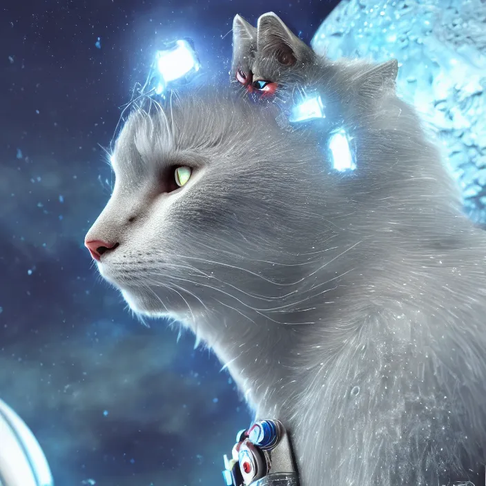 Prompt: very detailed portrait of a majestic icy cat, dressed in a spacesuit, sci - fi, futuristic, details, intricate, octane render, redshift, smooth, illustration, fairy lighting, stars and planets in the background, hyperrealistic, by dmitry prozorov, loish, and wlop, trending on artstation, hyperdetailed, hyperrealism