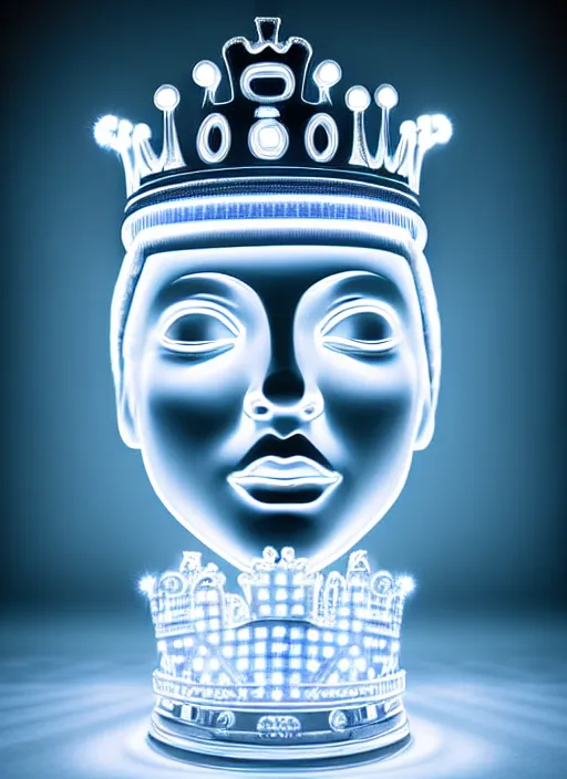 Image similar to queen chess piece photo, crown made of led point lights, pearlescent skin, skin made of led point lights, very detailed, highly detailed background, reflective chessboard, photorealism, sharp focus, photorealism, soft diffuse autumn lights, some sunlight ray, dark room wall, canon 5 d 5 0 mm lens