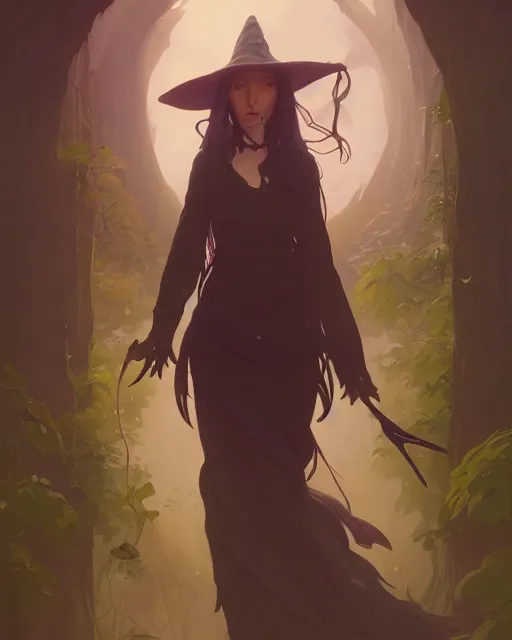 Image similar to highly detailed vfx portrait of a witch, unreal engine, greg rutkowski, loish, rhads, beeple, makoto shinkai and lois van baarle, ilya kuvshinov, rossdraws, tom bagshaw, alphonse mucha, global illumination, detailed and intricate environment