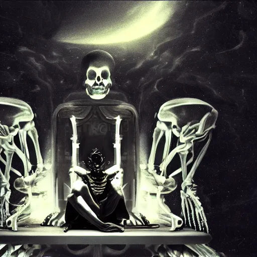 Prompt: dark god sit on the tron, surreal, night, death, fear, 4 k resolution, caravaggio, hyperrealism, detailed and intricate environment, skeleton