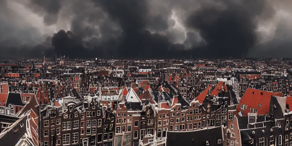 Prompt: the rooftops of amsterdam during a catastrophic fire. moody dark skies lit up by fire. photography