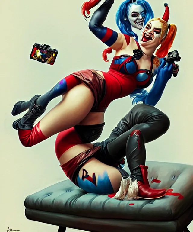 Image similar to tasteful Caricature of the beautiful Harley Quinn, playing video games on a couch, Harley Quinn is winning and laughing manically, fun, funny, highly detailed, digital painting, artstation, concept art, smooth, sharp focus, illustration, art by artgerm and greg rutkowski and alphonse mucha