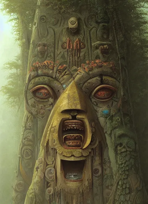 Image similar to a totem in the jungle surrounded by mist, swith faces of ancestors in the mask wearing tribal masks, hyper detailed, art by christophe vacher