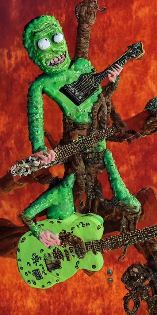 Image similar to Pickle Rick playing a gothic guitar, highly detailed in 4k