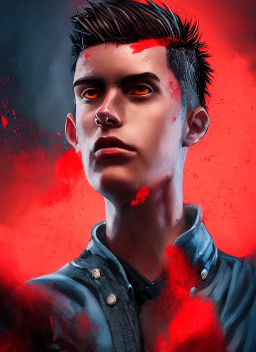 Image similar to An epic fantasy comic book style portrait painting of a young man with black and red cowlick undercut haircut, wearing a red shirt, black overcoat, blue jeans. Unreal 5, DAZ, hyperrealistic, octane render, cosplay, RPG portrait, dynamic lighting