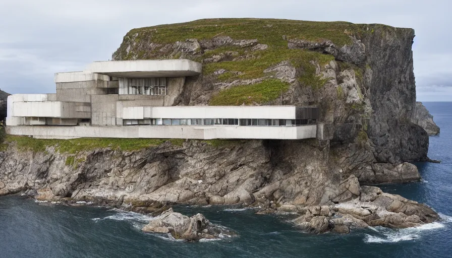 Image similar to brutalist base perched on a cliff overlooking a magnificient bay, brutalism architecture on cliffs, drawing architecture, pritzker architecture prize, cliffs crashing into the water below, cliffside, greig fraser