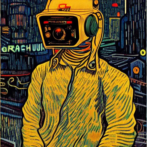 Image similar to Illustrated by Shepard Fairey and Greg Rutkpwski | Cyberpunk Van Gogh with VR helmet, surrounded by cables