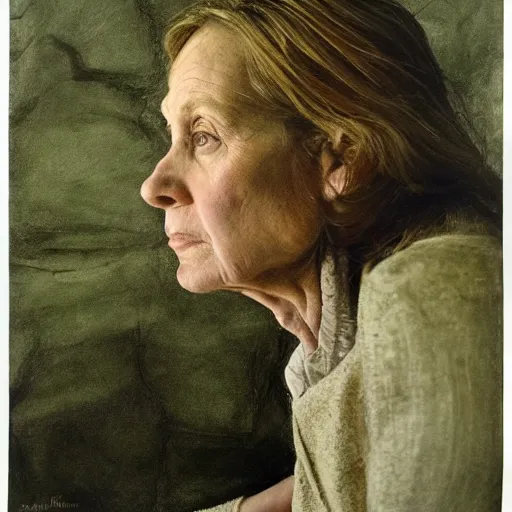 Image similar to high quality, high detail, realistic portrait of susan taslimi, painted by andrew wyeth, dramatic lighting, cinematic composition