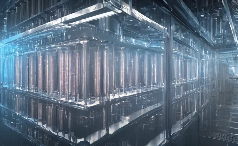 Prompt: a stunning photo of a dark sci-fi biosafety level 4 ward belonging to a company called Relith Science, with rows of glass cylinders holding different specimens of severed limbs, dark lighting, volumetric light, red, cyan, misty, ultra-detail, unreal engine 5, photorealistic