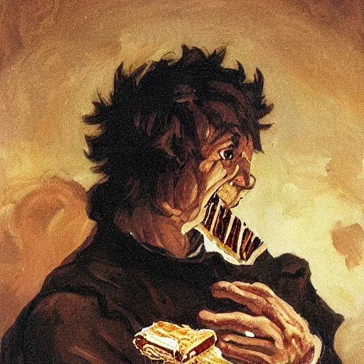 Image similar to saturn devouring a snickers chocolate bar, goya painting, in the style of goya and greg rutkowski, in the style of black paintings, 8 k, highly realistic