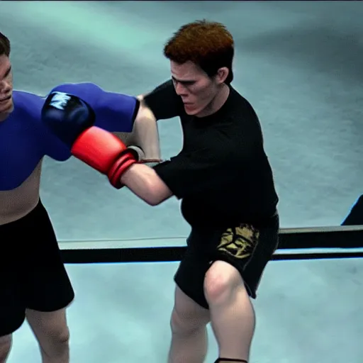 Prompt: willem dafoe versus jerma 9 8 5 fighting in a mixed martial arts game, 4 k, dramatic, blood, intense, realistic, full body