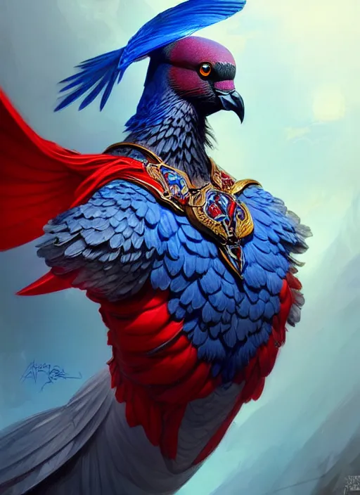 Image similar to portrait of aggressive pigeon humanoid, d & d, muscular! blue and red, fantasy, intricate, elegant, highly detailed, digital painting, artstation, concept art, smooth, sharp focus, illustration, art by artgerm and greg rutkowski and alphonse mucha