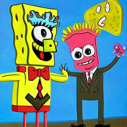 Image similar to detailed surrealist painting of spongebob and patrick, in the style of salvador dali